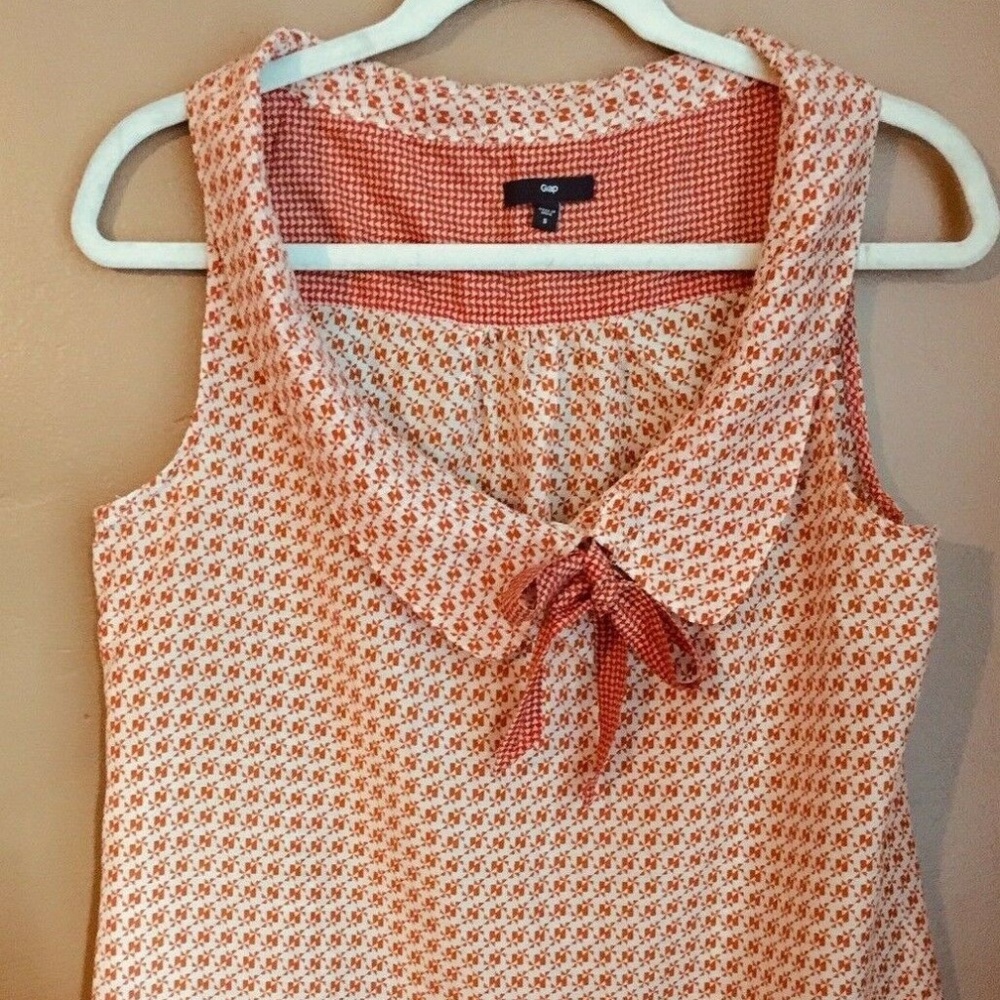 GAP Womens Orange Geometric Pinwheel Peter Pan Collar Bow Sleeveless Blouse Sz S - Picture 3 of 6